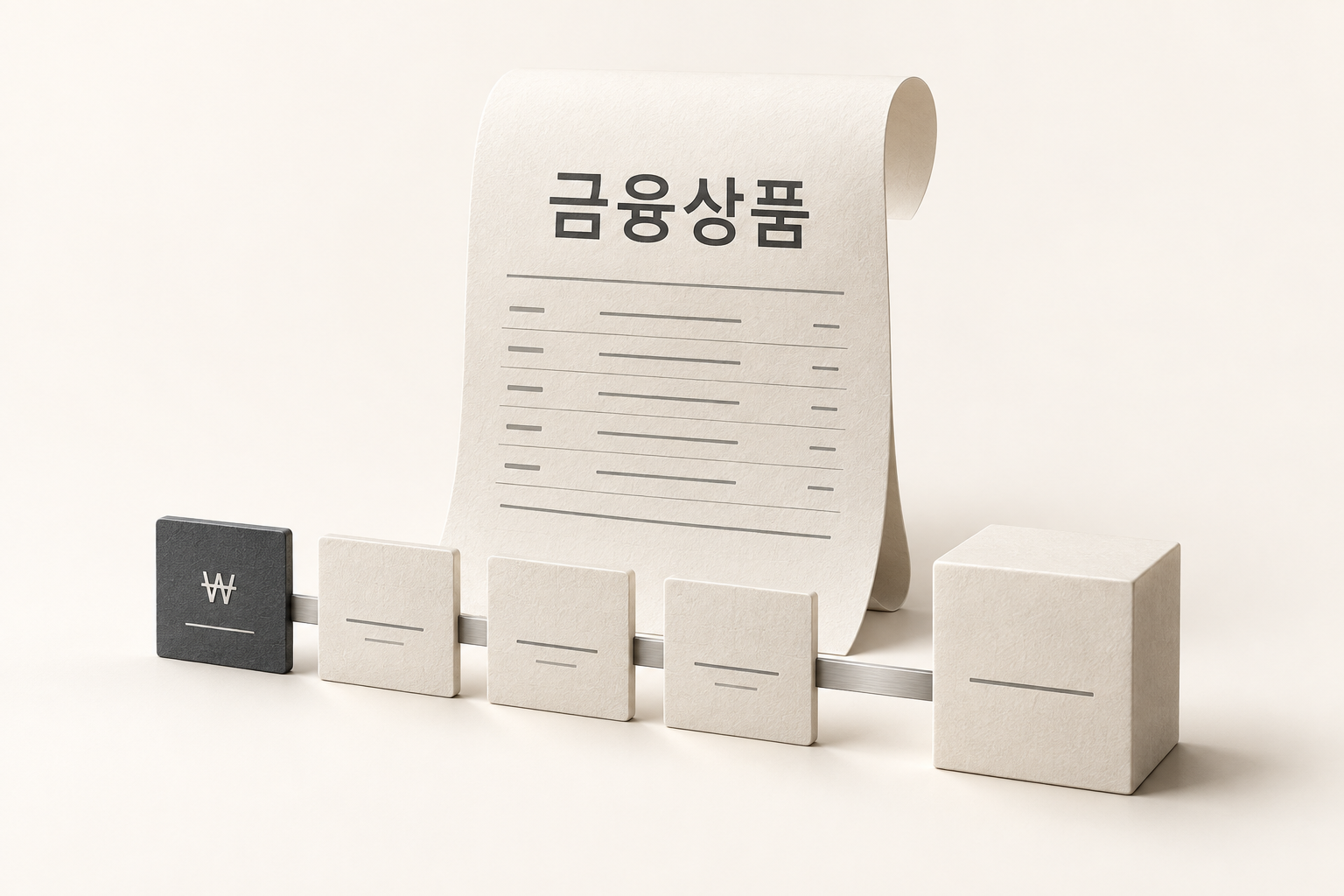 금융상품: 금융계약서와 정기 납입·잔존가치를 표현한 조형