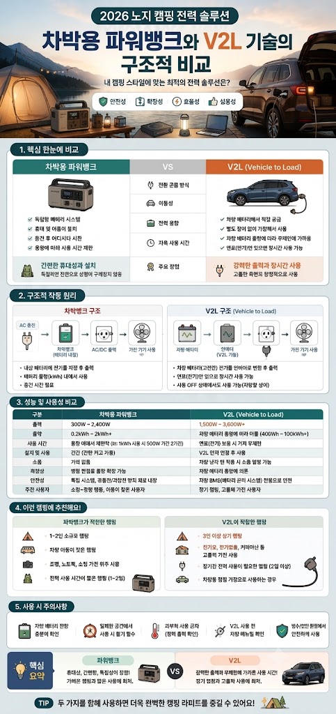 차박용 파워뱅크와 V2L 캠핑 전력 공급 방식 비교