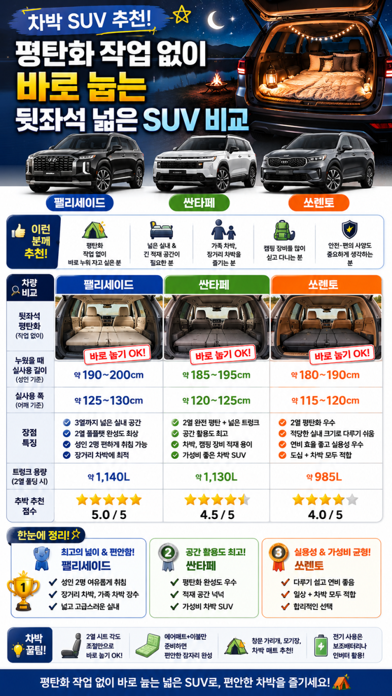 2026 싼타페 쏘렌토 팰리세이드 차박 평탄화 및 실내 길이 비교 인포그래픽