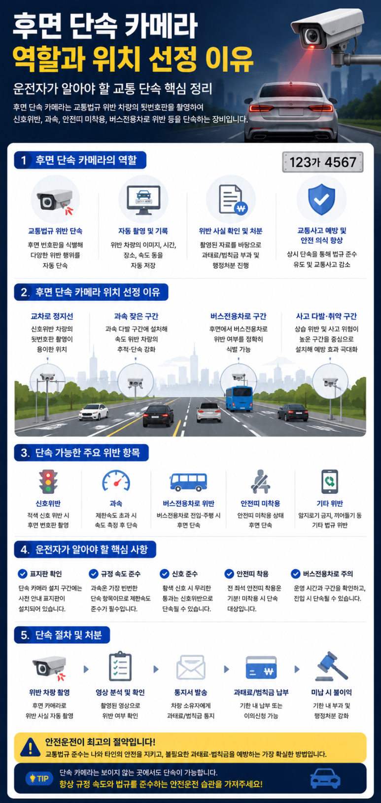 후면 단속 카메라의 역할, 설치 위치 및 단속 기준 요약 인포그래픽